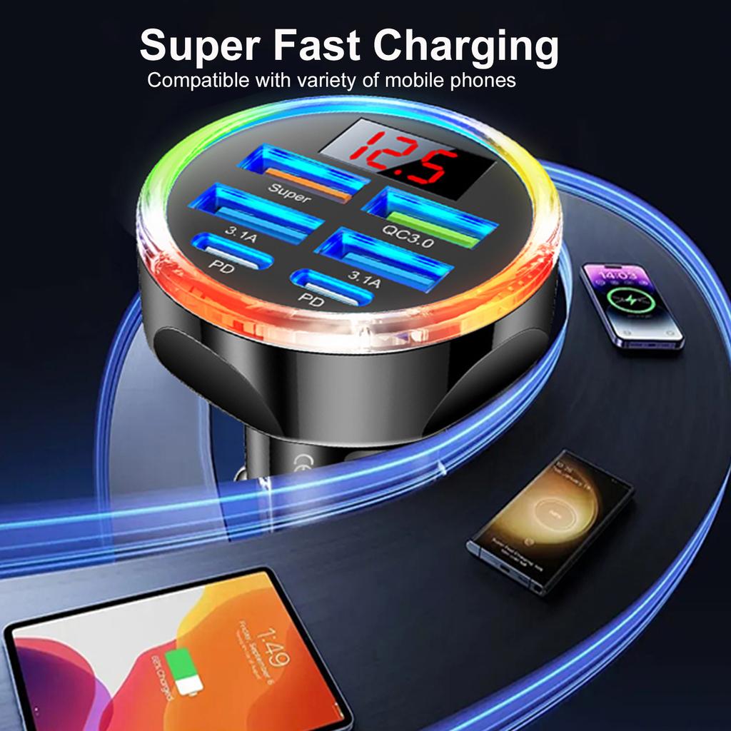 UYUXIO 6 in 1 USB C Car Charger with Voltage Display Multi Port Fast Charge Adapter with Volt Meter for iPhone 17 16 Samsung