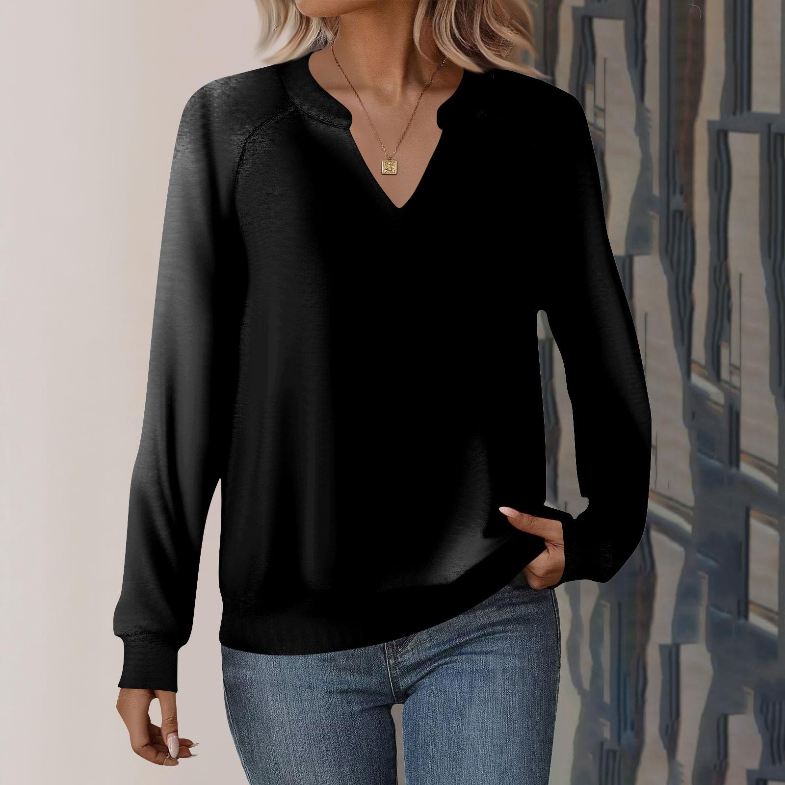 

Женская повседневная толстовка с длинным рукавом и V-образным вырезом, однотонный свободный пуловер S чёрный