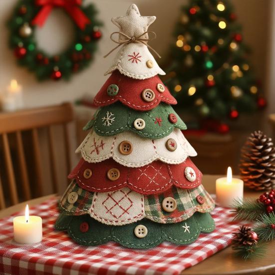 Fabric Christmas Tree Figurine Handmade Multi-layer Felt Xmas Tree Ornament with Buttons And Star Topper Holiday DIY Patchwork Craft for Home Office