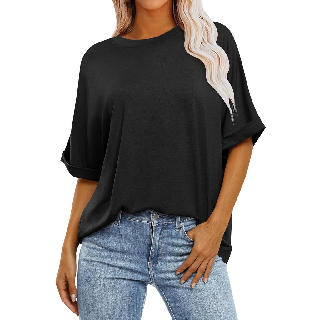 Women's Loose Oversized Solid Rround Neck, Shoulder Length Short Sleeved T-shirt Top