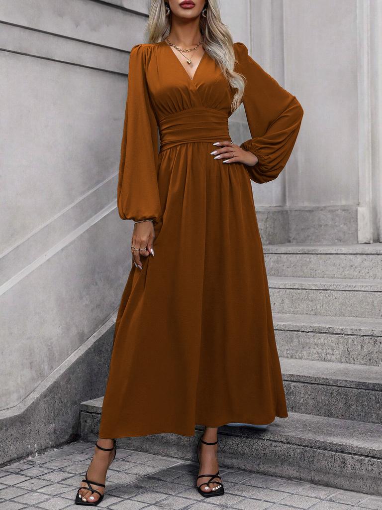 Women Dress Autumn Winter Women's Lantern Sleeve Dress Smocked Design High Slit Elegant Long Sleeve Midi Dress