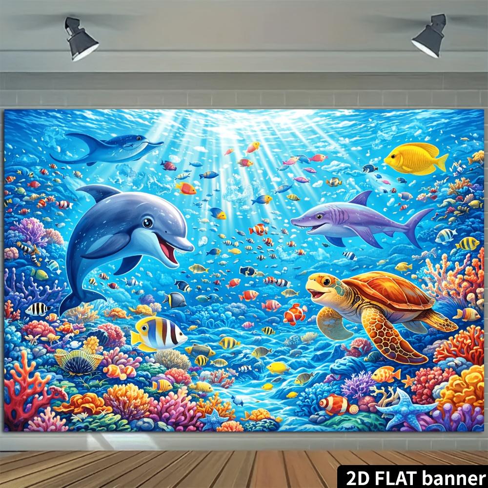 Sfondo per festa subacquea 2D con tema vita marina con delfini squali tartarughe marine pesci tropicali e coralli