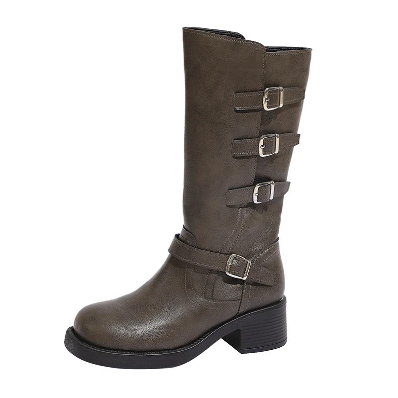 Bottes mi-mollet à bout rond automne et hiver nouvelles à talons épais style britannique tempérament polyvalent bottes de mode pour femmes