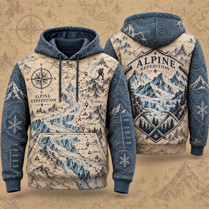 3D Print Vintage Wilderness Map Hoodie Men Retro Sweatshirt Outdoor Hiking Adventure Winter Casual Loose Unisex Daily Hoodies