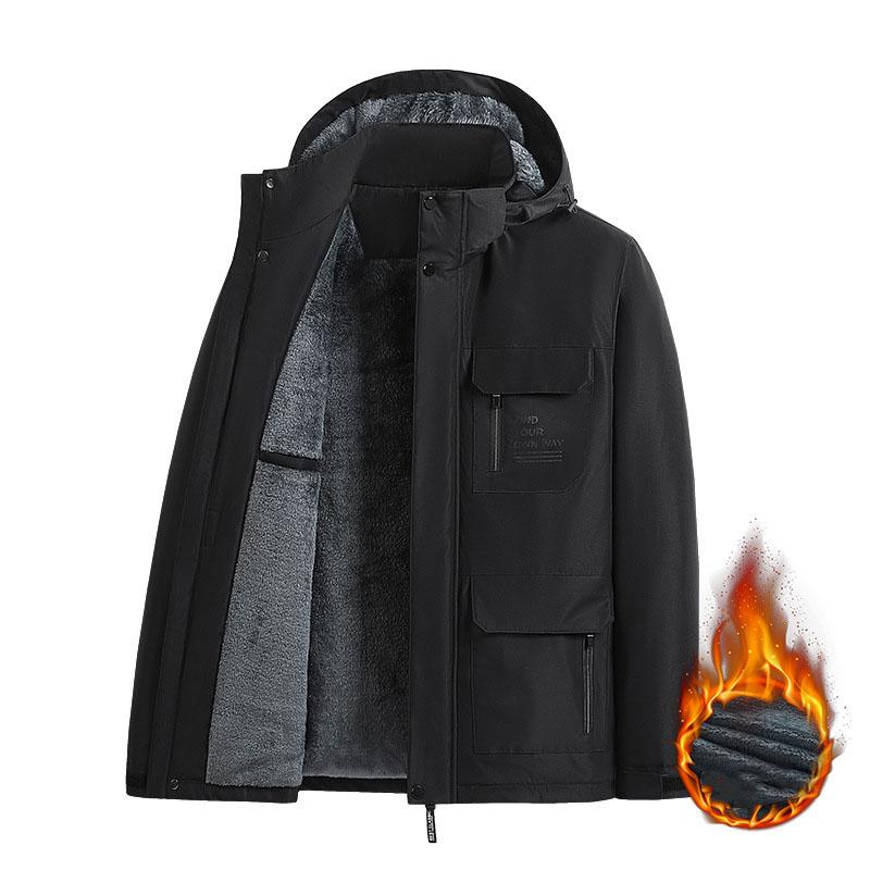 Winter Men's Outdoor Windproof Hooded Cargo Jacket Warm Pocket Detachable Cap Padded Jacket