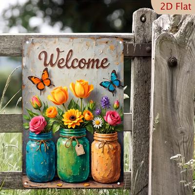 Vintage Metal Wall Art Sign X Inch Flowers And Butterflies Welcome Garden Entrance Living Room Decor Theme
