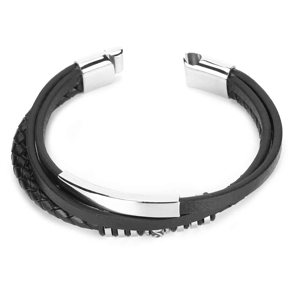 Men"s PU Leather Black Stainless Steel Wrist Band Cuff Bangle Bracelet Magnetic Clasp