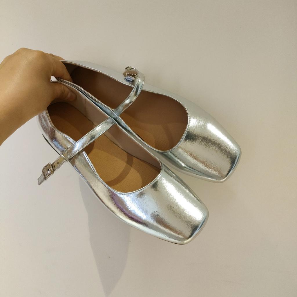 Popular Mary Jane Lady Small Leather Shoes Small Fragrant Silver Small Single Shoes 2025 Spring Shallow Mouth One Word Belt Women's Shoes