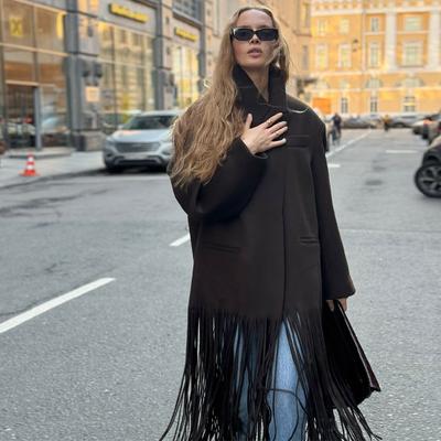 Woolen Tassel Long Coat Women's Autumn Winter Single Breasted Turn Down Collar Pocket Jacket Elegant Overcoat
