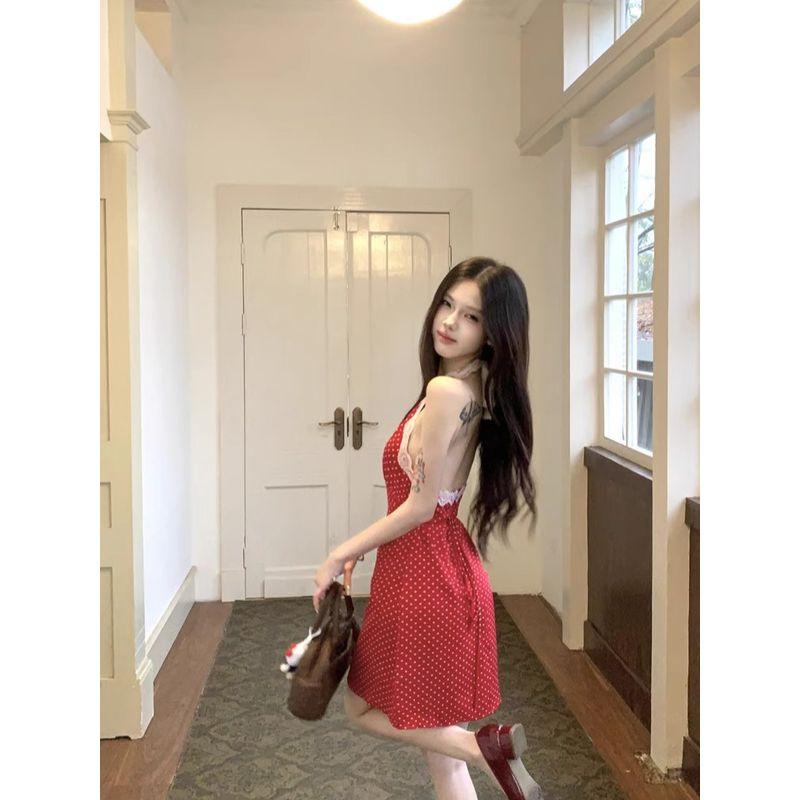 Kumikumi Gyaru Style Polka Dot Lace Hanging Neck Dress Women Summer Retro Backless Waist Hugging A- Line Skirt Short Dress