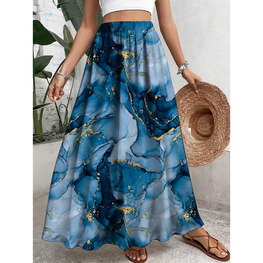 Plus Size, Elegant Floral Print Polyester Skirt - Casual A-Line, Non-Stretch Fabric, with Elastic Waistband