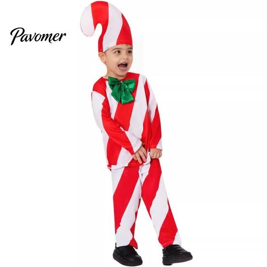 Zábavný vánoční párty outfit Kostým lízátka pro dospělé děti Červeno-bílý pruhovaný top Kalhoty Zpevněný šev Klobouk 3dílná sada Cosplay oblečení Muži A