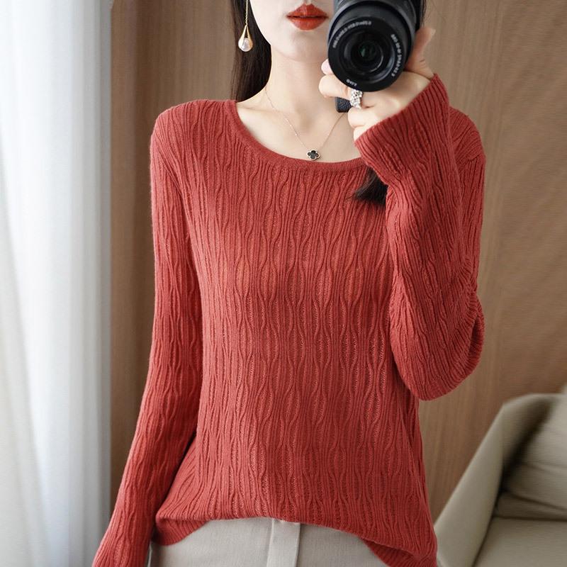 Women's High-Quality Round Neck Crochet Knit Pullover - Long Sleeve, Lightweight, Warm Wool Base Layer Top