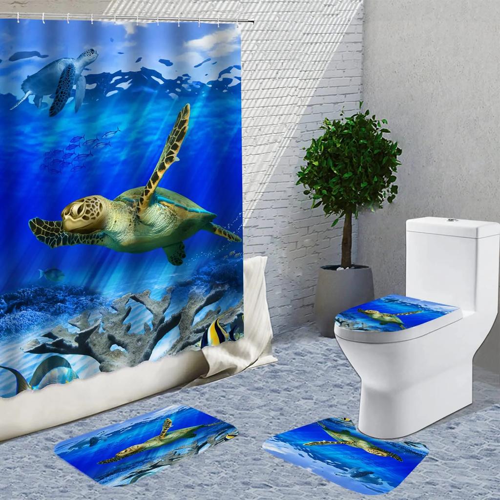 Sea Turtle Shower Curtain Set Bathroom Rug And Accessories Ocean Nautical Shower Curtain Set With Hook Durable Waterproof Fabric