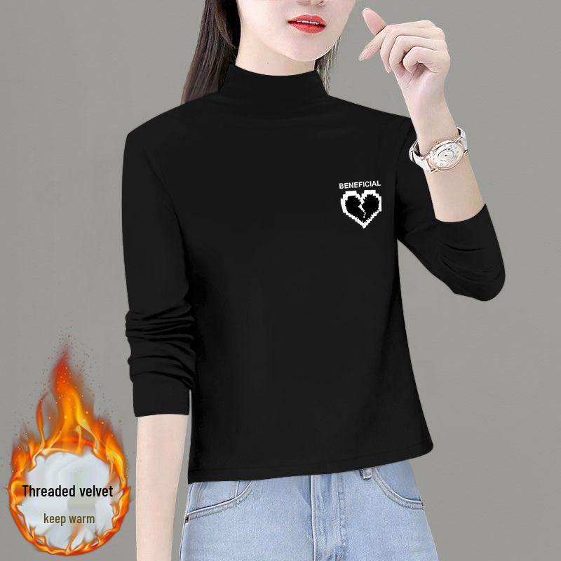 2025 Women's Thickened Double-Sided Velvet Long-Sleeve Semi-High Neck Slim-Fit Top for Autumn/Winter