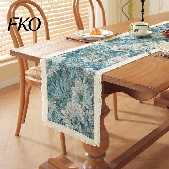 Fringed Edge Table Runner Runner, Vintage Floral Printed with Durable Edges, Protects from Heat Scratches Spills