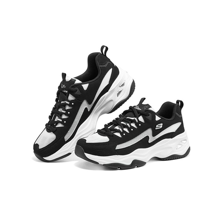 Skechers DLites 4.0 Zapatillas Panda Rayo Cuero Malla Moda Caña Baja Zapatillas Papá Zapatillas Mujer Negro Blanco 896114-BKW