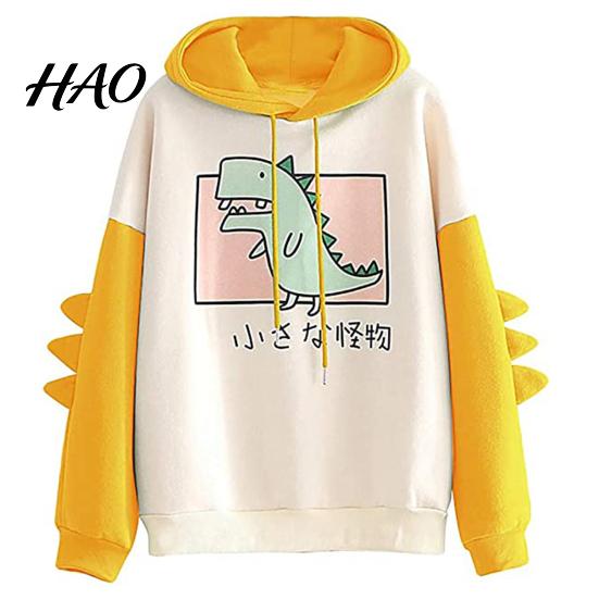 Hoodie Dinosaur Pattern Long Sleeve Sweatshirt Cotton Blend Pullover Teens Girls Winter Hooded for Home L