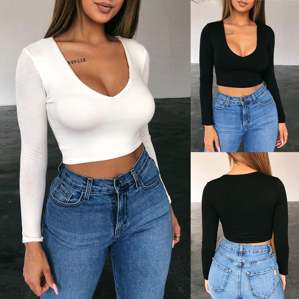 

женщины Мода Сексуальная твердая рубашка V шеи Длинные рукава Урожай Top Slim Блузка Топы