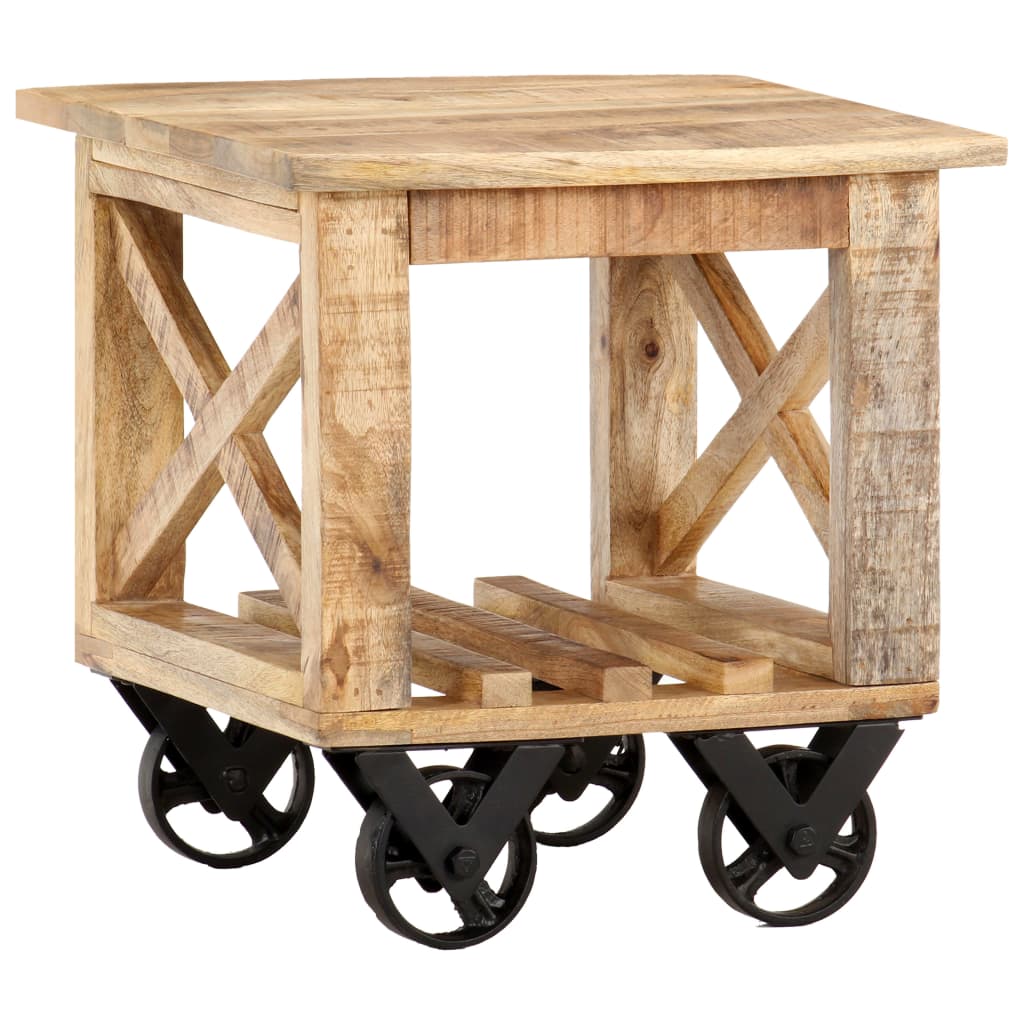 Side Table with Wheels 40 X 40 X 42 Cm Rough Mango Wood