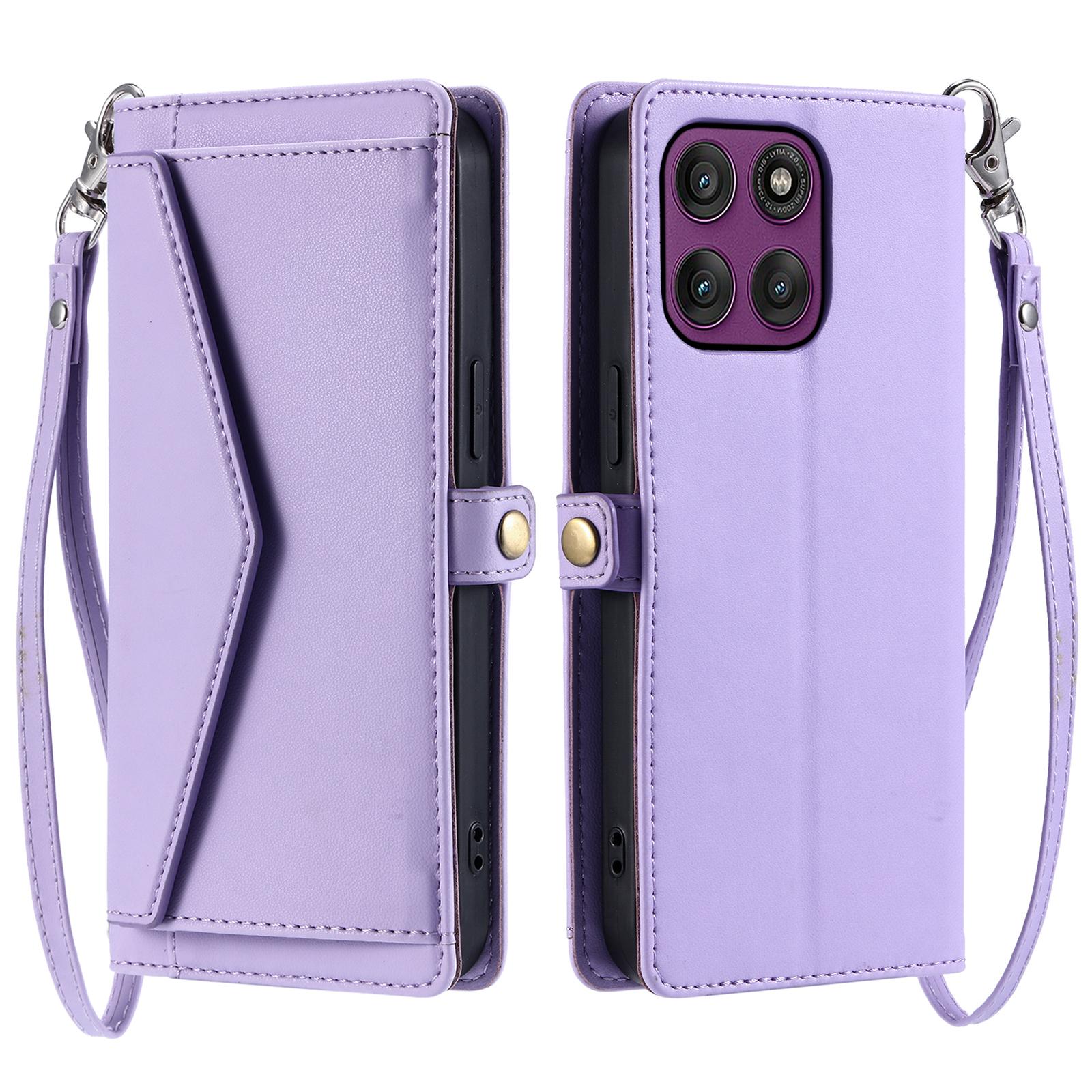 

For Motorola Moto G86 5G Leather Case with Wrist Strap Wallet Stand Phone Cover Purple