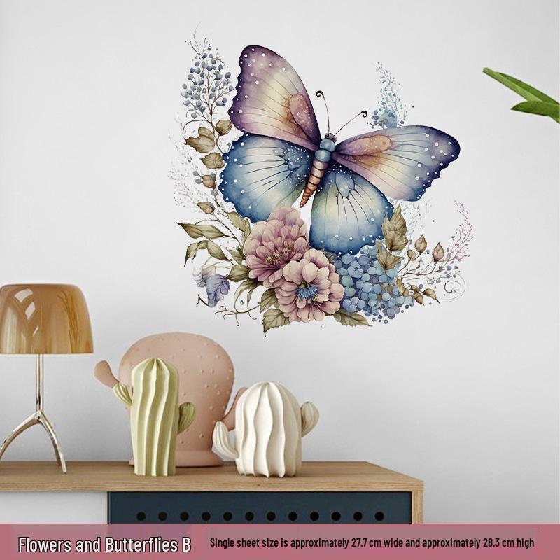 Self-Adhesive Flower Butterfly Wall Stickers for Girls' Bedroom or Children's Bathroom Decoration