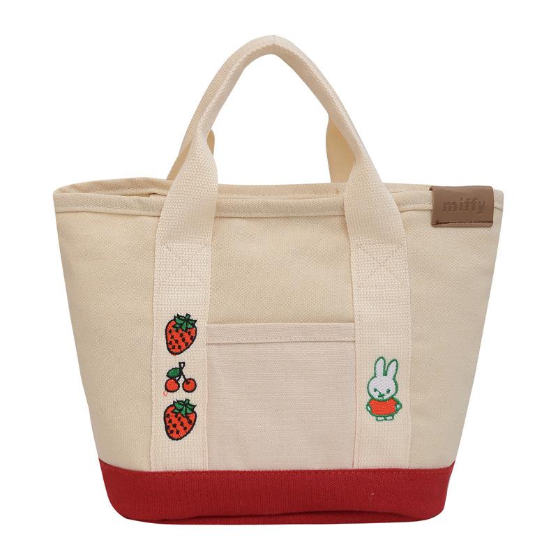 Splicing contrasting color portable canvas bag, handbag for work, cute meal bag, cartoon casual handbag.