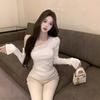 Temperament Pure Desire Sweet Spice Girl One-word Shoulder Top Women's with Slanted Shoulder Bottoming Shirt Off-the-shoulder Hot Diamond T-shirt