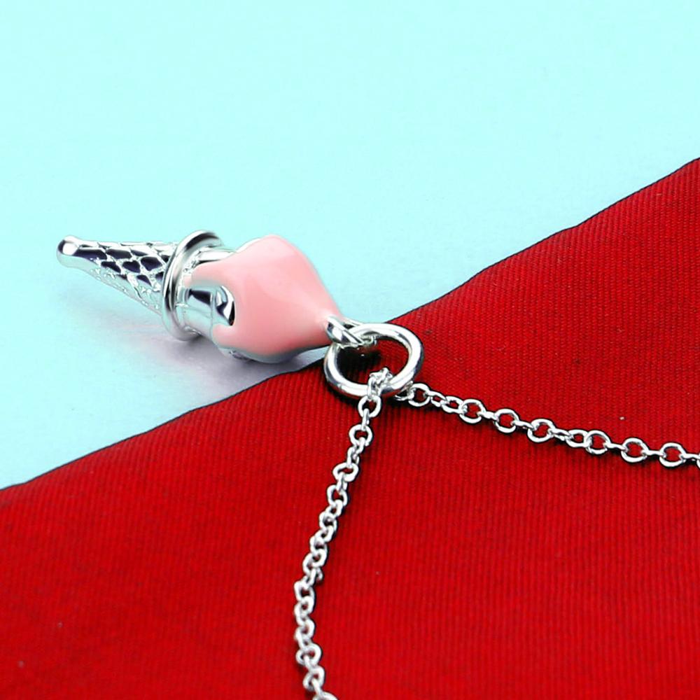 Fashion Cute 100% 925 Silver Jewelry Pink Ice Cream Pendant Necklaces 16-18 Inch Women Girl Charm Fine Choker Gift