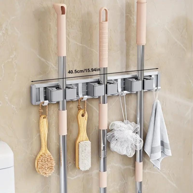 Bathroom Storage Rack Metal Mop & Broom Holder with Adjustable Hooks, Wall-Mounted Storage Organizer for Home, Space-Saving Shelf for Mops, Brooms