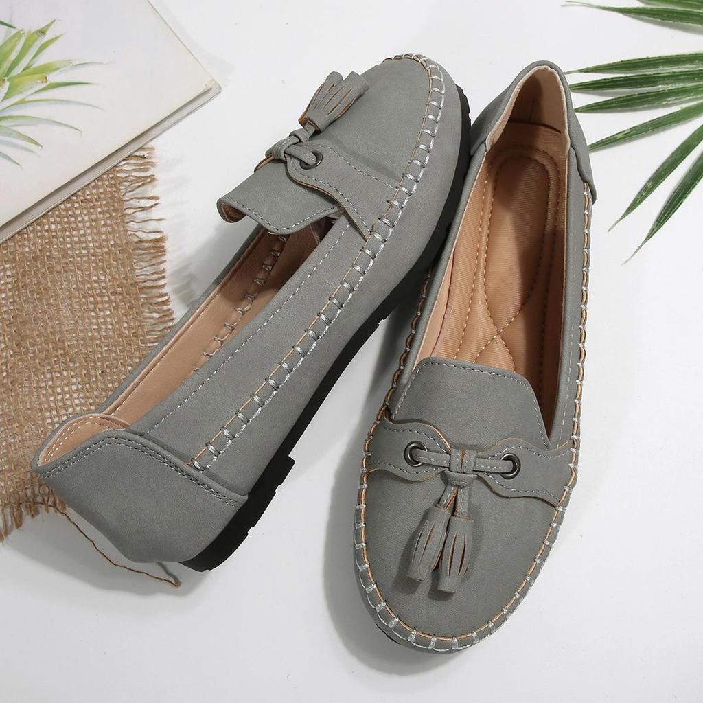 Mokasyny damskie czarne z kokardą i frędzlami na wiosnę/jesień 2025 - miękka podeszwa, wsuwane baleriny dla wygody