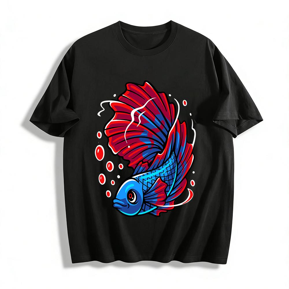 Red Blue Betta Fish Print Casual Short Sleeve T-Shirt Pure Cotton T-shirt