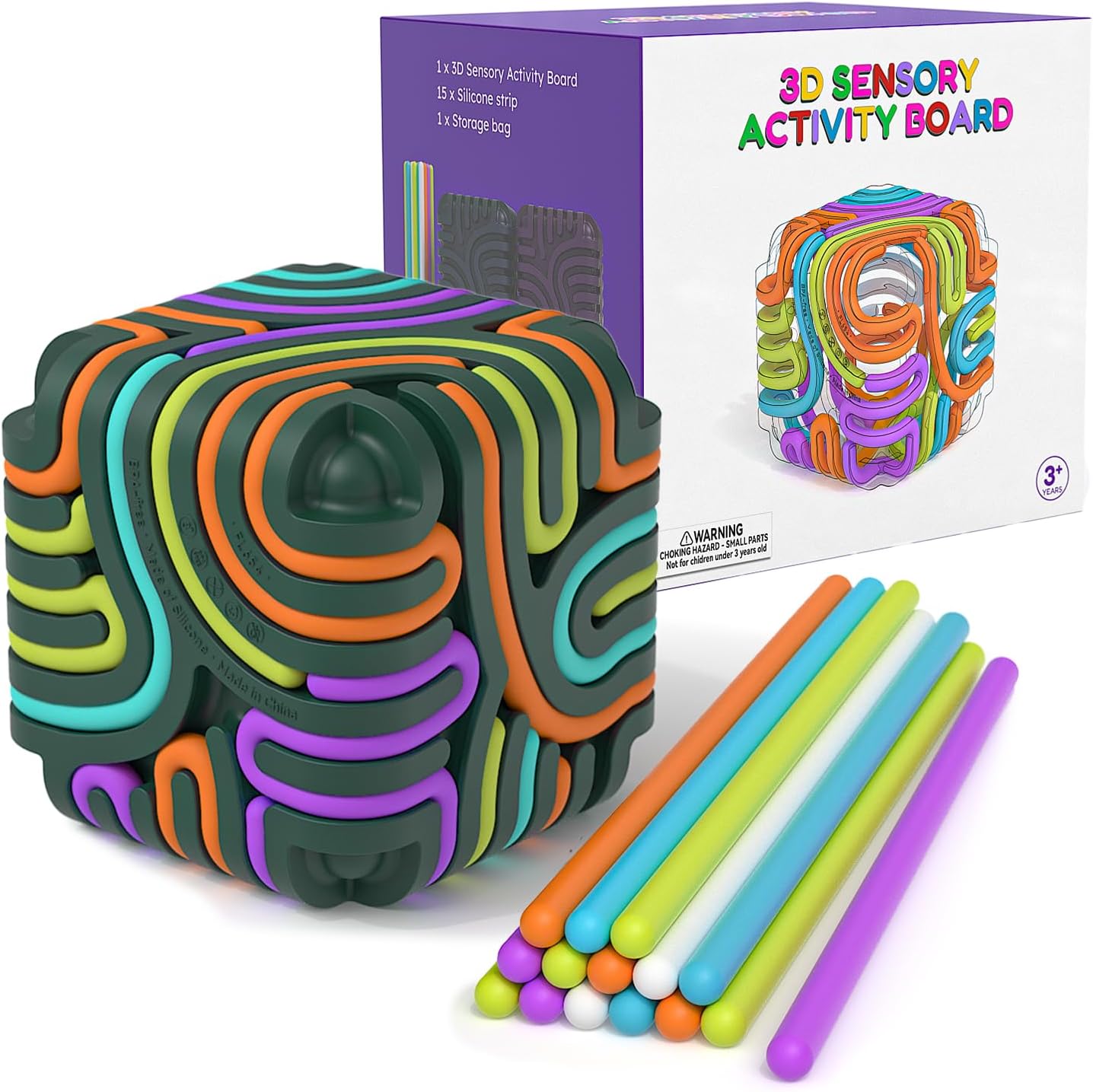 

Sensory Fidget Toys for Kids Adults Silicone Activity Cube with 15 Colorful Strings Stress Relief Travel Toy Gift зелёный
