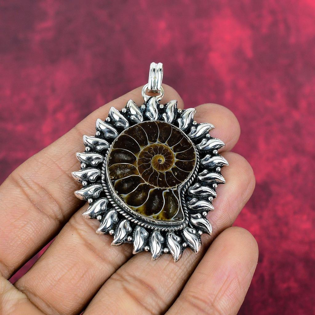 Ammonite Fossil 925 Solid Sterling Silver Pendant, Handmade Gemstone Jewelry Pendant For Memorial Day