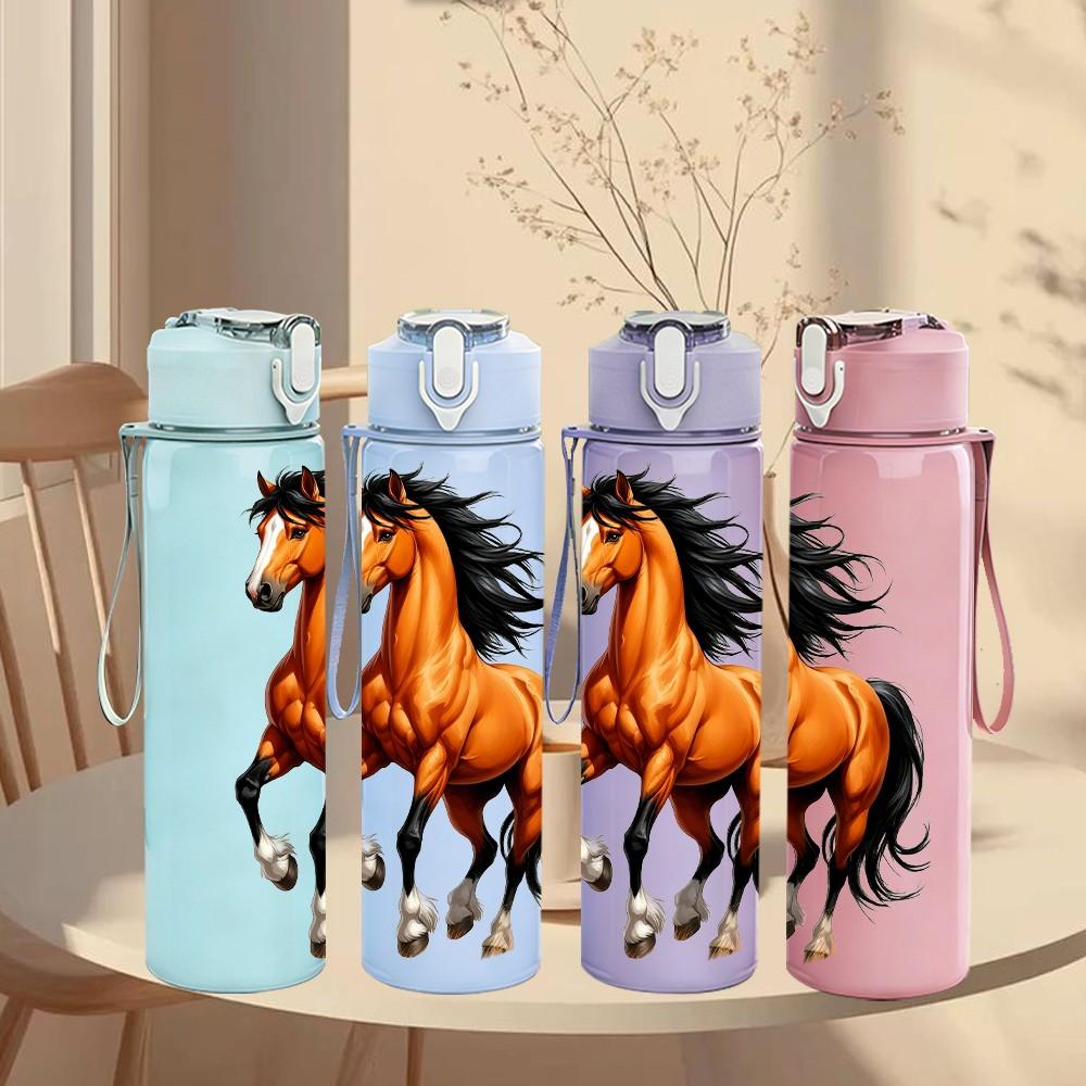 1PC Wild Horse Running Grassland Print 750ml Color Plastic Sports Water Bottle Leakproof Flip Straw Lid Suitable for Sports Office Home Use