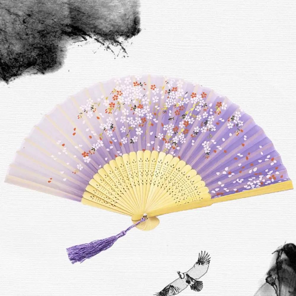 Silk Chinese Japanese Folding Fan Colorful Bamboo Vintage Style Folding Fan Hand Fan Tassel Elegent Female Fan