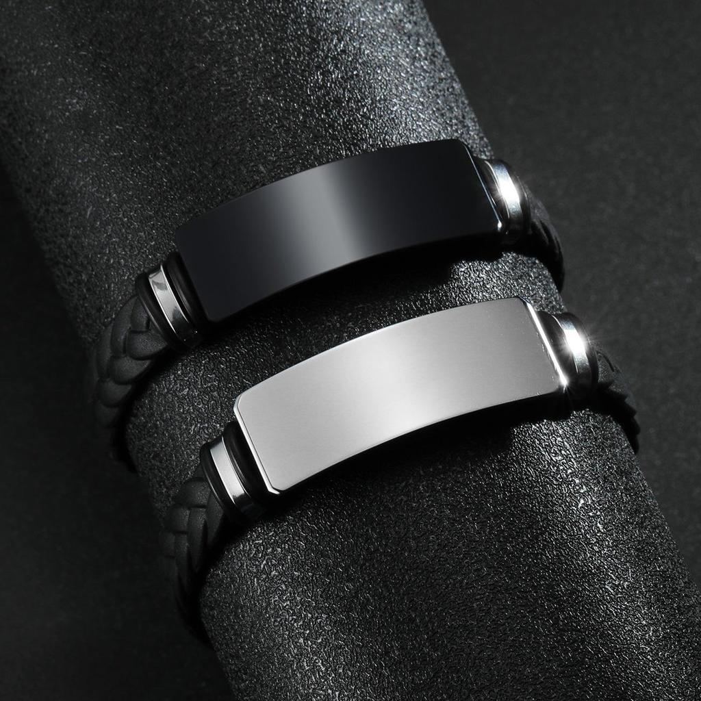 Fashion Blank Curve Polishing Stainless Steel Square Charm Geometric Bracelet Black Silicone Wrap Anniversary Men's