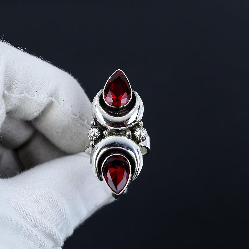 Garnet Gemstone Adjustable 925 Sterling Silver Ring - Fits US Sizes 6 to 10 - Handmade Boho Jewelry for Women & Men, Valentine Gifts
