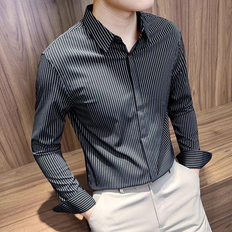 

Striped Shirt New Men s Business Long-sleeved Slim Korean Version Spring Summer Long Sleeved Casual Shirt 4XL чорний