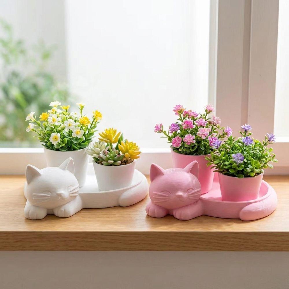 3D Printed Cat-Shaped Flower Pot Cute Animal Mini Potted Plant Jewelry Tray Indoor/Outdoor Use