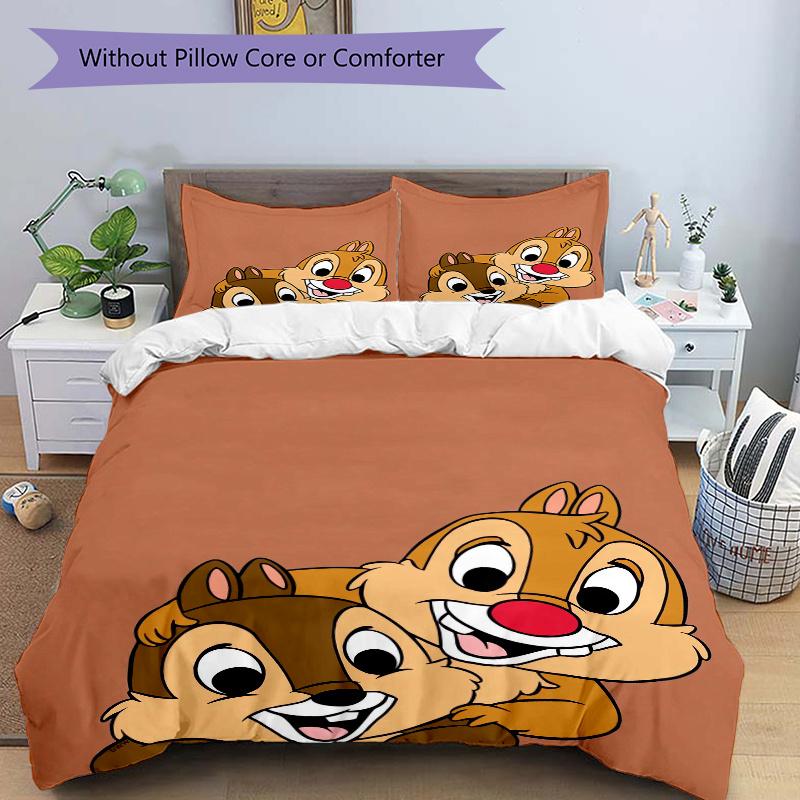 3pcs Naughty Chip 'n' Dale Printed Duvet Cover Set (1 * Cover+2 * Pillowcase, Without Core), Suitable for Home Bedroom, Guest Room, Dormitory Dec