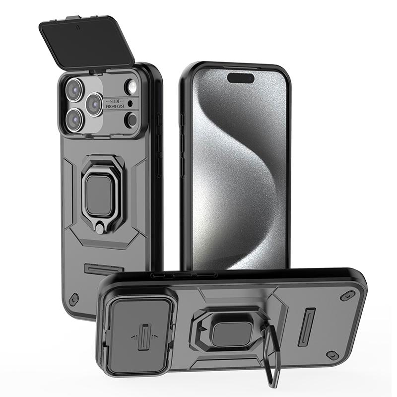 Slide Camera Lens Magnetic Bracket Case for iPhone 18 17 16 15 13 Pro Max 14 Plus Heavy Duty Shockproof Ring Stand Cover X0040