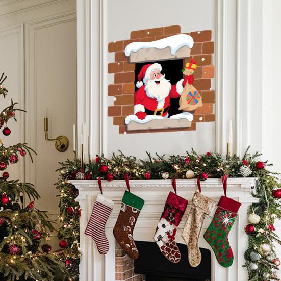 Santa Claus Breaking Wall Christmas Stickers Removable PVC Decals Funny Santa with Gift Bag Breaking Through Wall Art for Bedroom Living Room