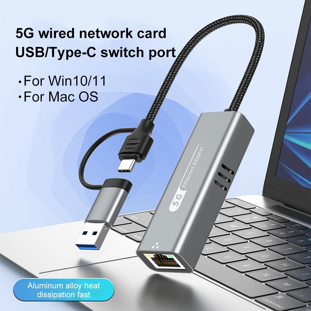 2 in 1 USB/Type C To Ethernet Adapter 5000Mbps USB-C To RJ45 Network Converter USB-C LAN Adapter for Windows 10/11 & Mac OS