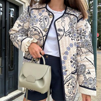 Veste en coton patchwork imprimé rétro pour femmes Veste décontractée confortable à col rond