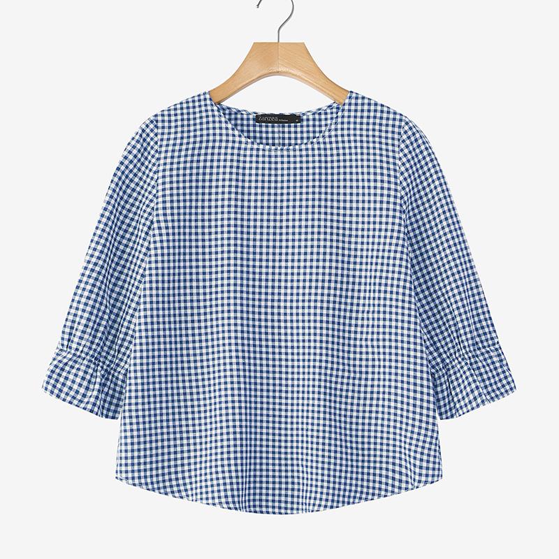 

ZANZEA Женская повседневная блузка с круглым вырезом и рукавами 3/4 свободного кроя с принтом в клетку 5XL синий