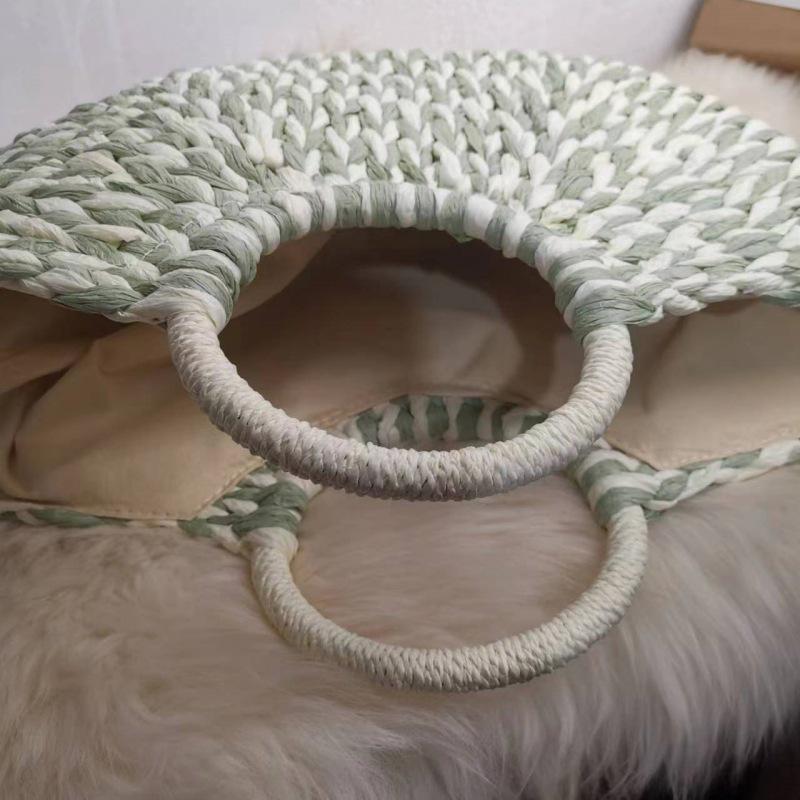 Fashionable Pastoral Style Round Straw Handbag - Colorblock Half-Moon Design for Women