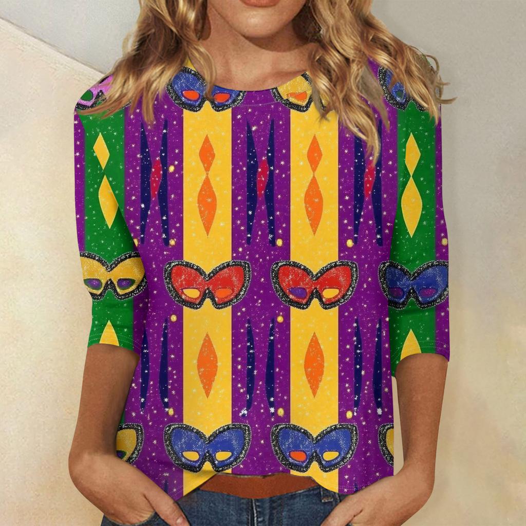 Ladies' Carnival Printed Fashionable Casual Seven Sleeve Round Neck Top