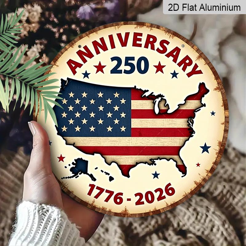 2D Flat, 1pc Round Aluminum America 250th Anniversary Sign - Freedom 250 Round Wall Decor with Flag & Fireworks Design, 1776-2026 Independence Day