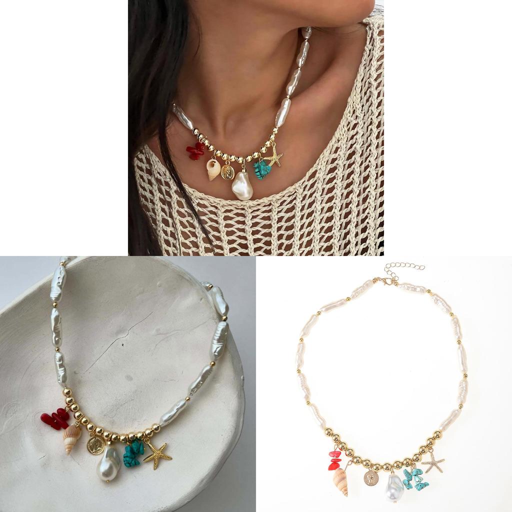 Bohemian Style Colorful Pebble Starfish Necklace With Irregular Pearl Bead Chain For Women